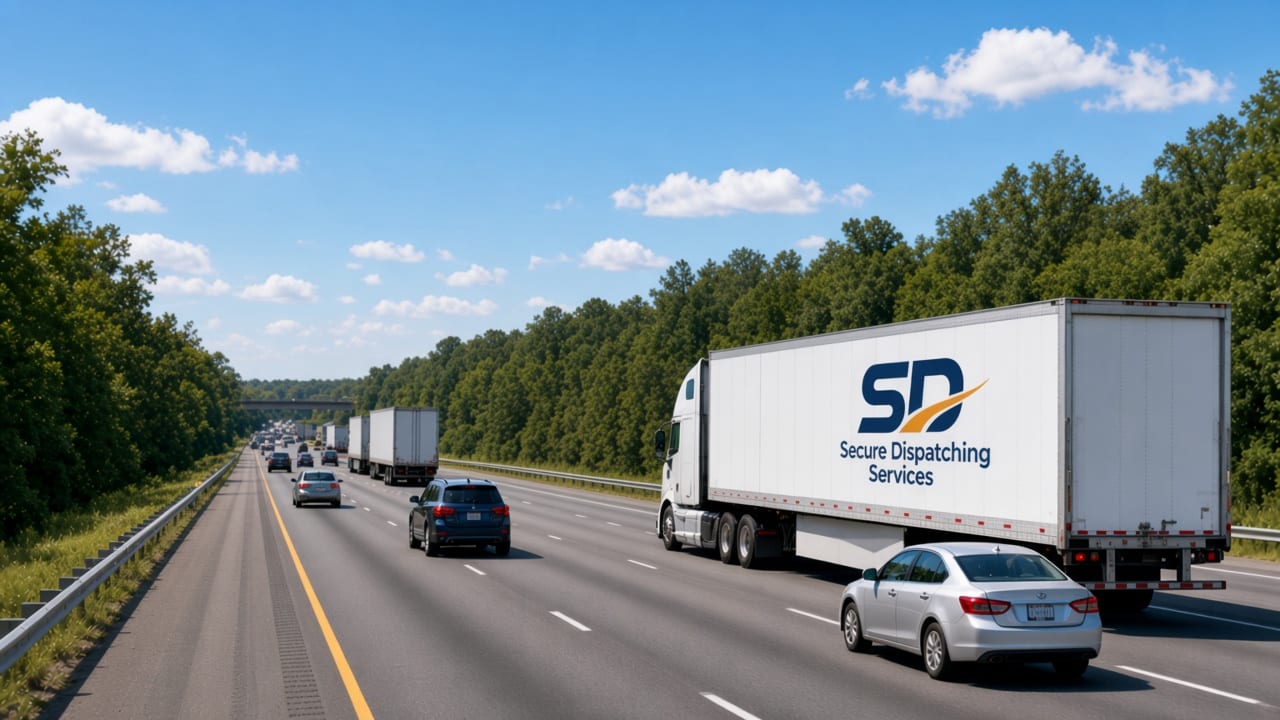 Daytime highway with SDS-branded dry vans, cars, and roadside trees